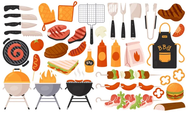 Bbq grill mat, grill kött meny set, picknick sommar fest grill isolerad samling — Stock vektor