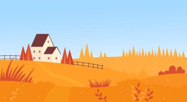 Farmhouse in autumn farm field, simple countryside landscape scene, yellow grass pasture clipart