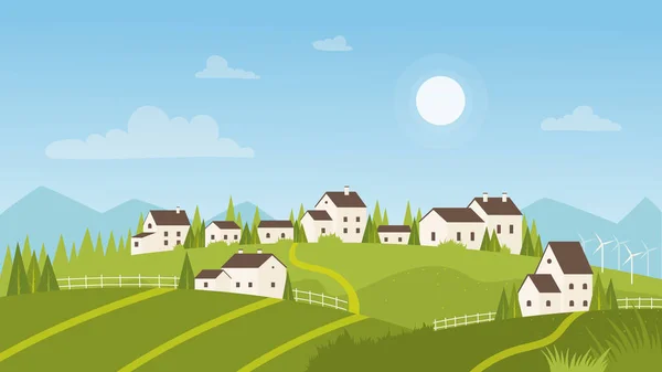 Nyári táj a falu és a napfelkelte, tanyasi táj szabadtéri kilátás házak — Stock Vector