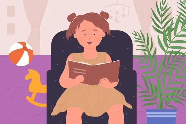 Meisje lezen verhaal boek thuis kamer interieur, grappig kind zitten in een gezellige fauteuil — Stockvector
