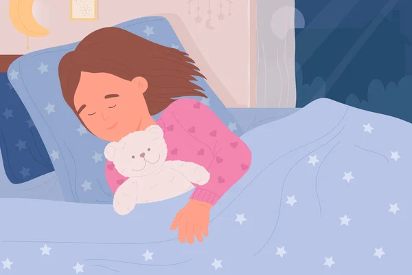 Niña durmiendo en la cama con oso de peluche, niño somnoliento acostado, juguete de peluche de abrazo — Vector de stock