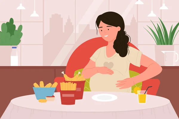 Femme enceinte affamée mangeant, tenant la main sur le ventre, assise à table pleine de nourriture rapide — Image vectorielle