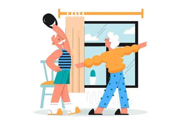 Personas mayores de la familia hacen ejercicios deportivos en el hogar, pareja activa abuelos entrenamiento — Vector de stock