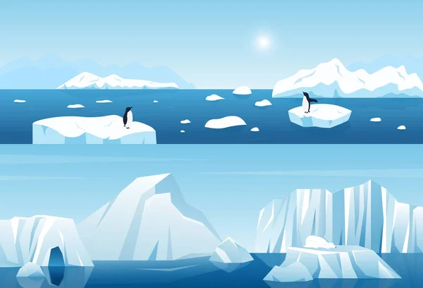 Cena de paisagem de inverno de gelo ártico de Norte, pinguim que flutua em iceberg de neve branco —  Vetores de Stock