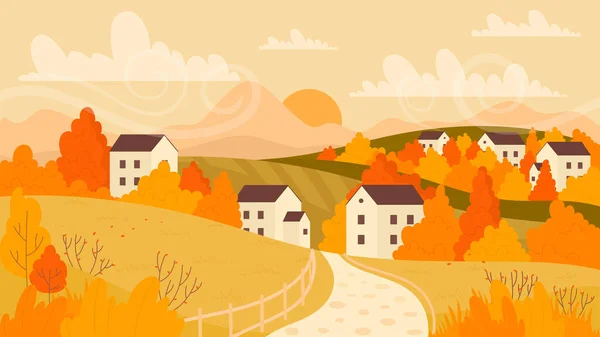 Podzimní farma vesnice krajina scéna ve žluté oranžové podzimní barvy, venkovské silnice do domů — Stockový vektor