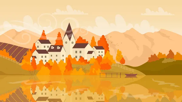 Villaggio europeo sul lago in autunno paesaggio giallo arancione colori autunnali, piccola città — Vettoriale Stock