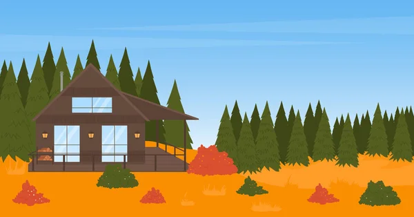 Casa moderna in autunno paesaggio forestale, pini, facciata di cottage edificio moderno — Vettoriale Stock