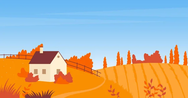 丘や農家のコテージ、農村秋の風景、風光明媚な自然上の秋の農地フィールド — ストックベクタ