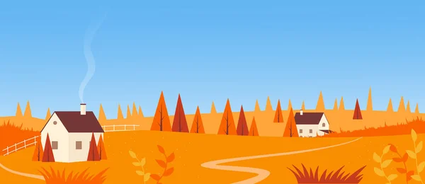 Осенний пейзаж, деревенская дорога в сельскую местность коттедж с трубой и дымом — стоковый вектор