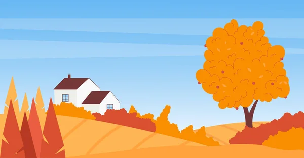 秋の農家や庭の木、田園風景、煙突と農家の村の家のコテージ — ストックベクタ