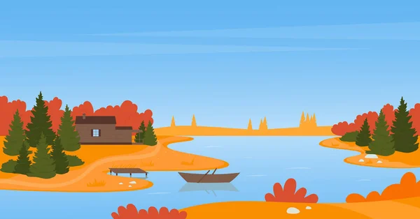 River rural autumn landscape with wooden house in forest, fishing boat in calm waters — Stock Vector