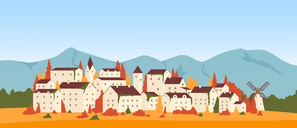 Temporada de otoño en el paisaje de montaña de la ciudad o pueblo, edificios urbanos europeos entre árboles — Vector de stock