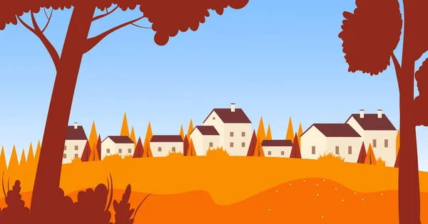 Sonbahar kasabası, köy ya da şehir manzarası, yerleşim evleri ile gökyüzü — Stok Vektör