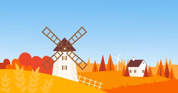 Paisaje rural de otoño con casa de campo, pintorescas colinas de agricultura naranja, molino — Vector de stock