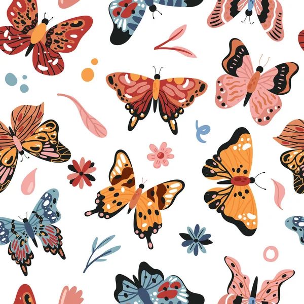 Mariposa, hoja de verano y flores patrón sin costuras, mariposa colorida dibujada a mano volando — Archivo Imágenes Vectoriales