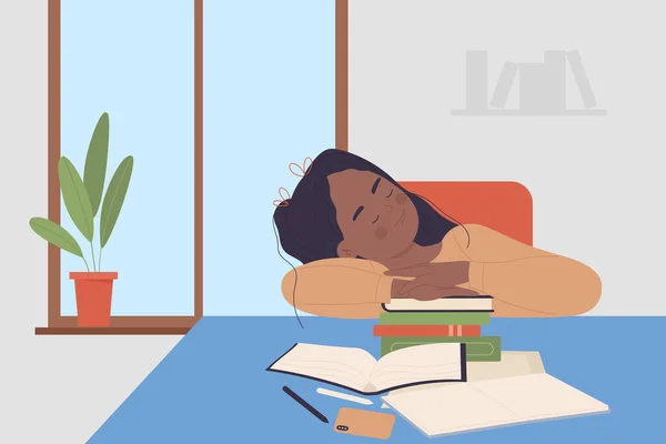 Moe meisje studeren thuis, studie vermoeidheid, schattig schoolmeisje slapen op stapel boeken — Stockvector