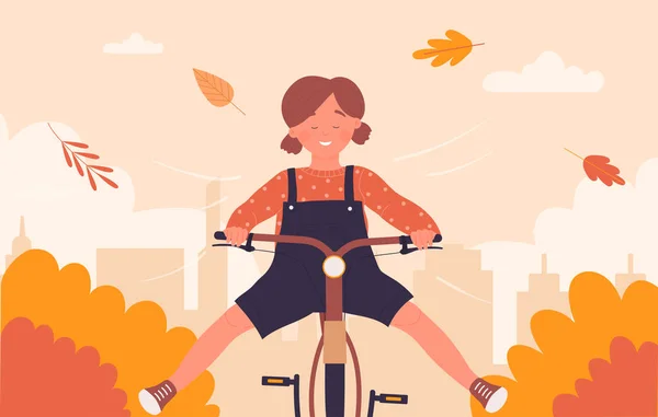 Aranyos lány gyermek kerékpáros lovaglás kerékpár gyors a város utcai úton szórakoztató, őszi táj — Stock Vector