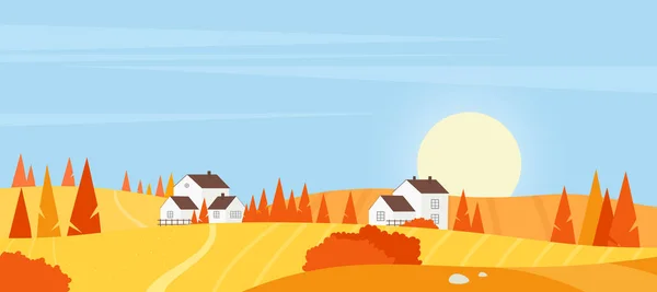 Paesaggio agricolo del villaggio di autunno, scena del tramonto con campi agricoli arancioni, case accoglienti — Vettoriale Stock