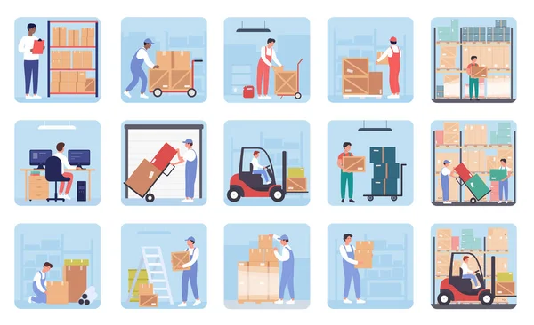 Οι άνθρωποι εργάζονται σε αποθήκες αποθήκευσης, logistic service set, οι εργαζόμενοι μεταφέρουν κουτιά από χαρτόνι — Διανυσματικό Αρχείο