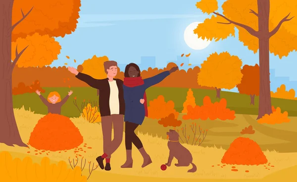 Autumn family fun walk, happy people and dog pet walking in city park or forest landscape —  Vetores de Stock