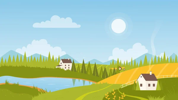 Сельский пейзаж с восходом солнца, пастбищные пейзажи с фермерскими домами на зеленых лугах холмов — стоковый вектор