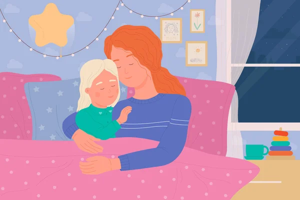 Matka i dziecko śpią w łóżku w domowej sypialni, kobieta obejmująca dziewczynkę w nocy — Wektor stockowy