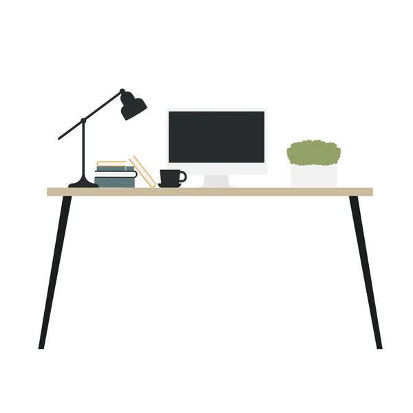 Mesa de trabajo moderna con computadora, lámpara y libros, decoración de interiores de muebles — Vector de stock