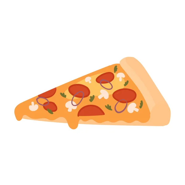 Rebanada de pizza de comida rápida, sabroso bocadillo de comida rápida, pedazo de pizza vista lateral, menú de comida chatarra — Vector de stock