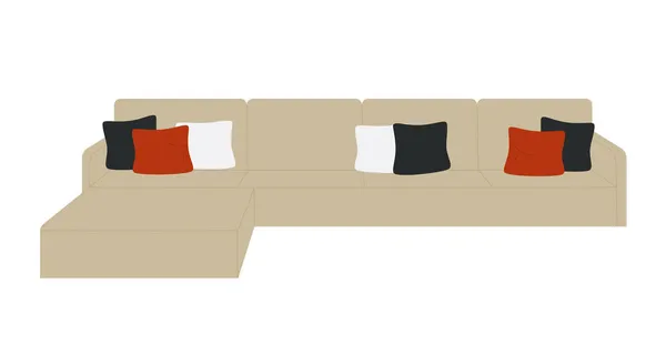 Moderní pohovka s černými červenými polštáři, design interiéru nábytku pro kancelář nebo domácnost — Stockový vektor