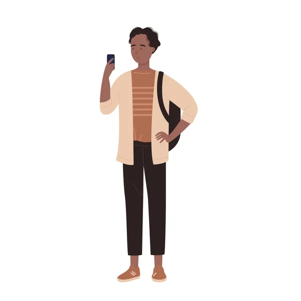 Jeune homme personnage avec téléphone portable, gars étudiant isolé sur blanc — Image vectorielle
