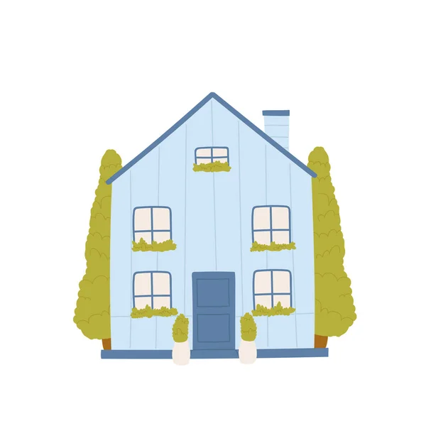 漂亮的蓝色房子，村镇有树的家，有屋顶门窗的房子 — 图库矢量图片