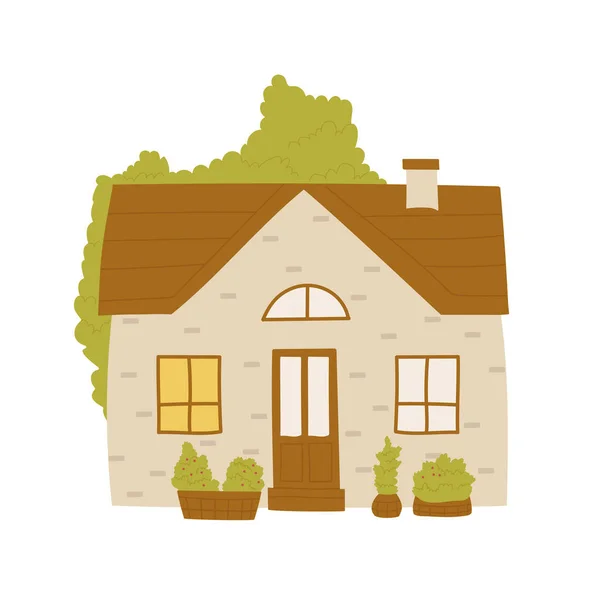 Bonita casa, casa na aldeia ou bairro da cidade, fachada marrom verão de casa engraçada —  Vetores de Stock