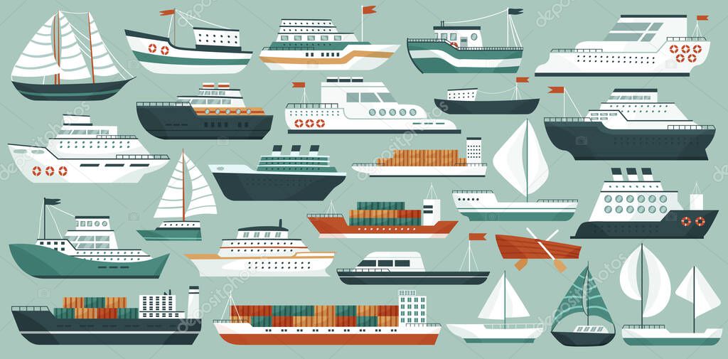 Ships and boats set, cruise passenger and military ship, fishing sailboat and yacht