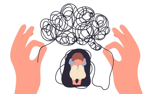Les mains du conseiller travaillent avec les problèmes mentaux de la femme avec des pensées enchevêtrées, noeud cérébral — Image vectorielle