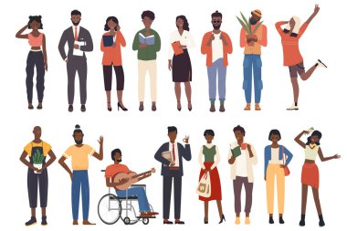 Farklı meslek gruplarından siyahi insanlar, profesyonel iş adamları, öğrenciler.