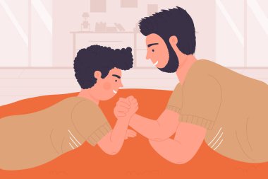 Baba ve oğul bilek güreşi yapıyor. Evde güçlü bir spor oyunu. Mutlu aile eğlenceleri.