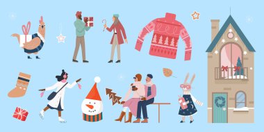 Mutlu Noeller ya da yeni yıl partileri millet, mavi arka planda izole edilmiş neşeli hayvanlar.