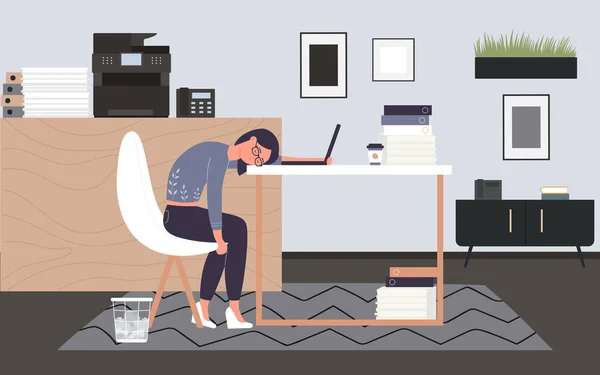 Burnout de travail d'une employée fatiguée, personne épuisée avec fatigue assise avec un ordinateur portable — Image vectorielle