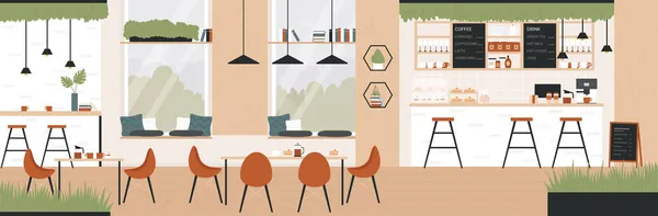 Café bar leeg interieur, cafetaria, koffiehuis kamer design met tafel, stoelen meubels — Stockvector