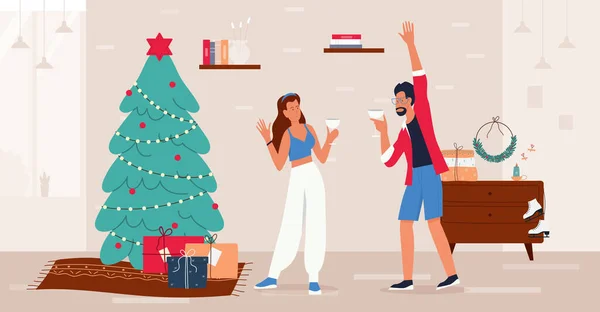 Familia o pareja de personas celebran la Navidad o Año Nuevo, fiesta en casa celebración de vacaciones — Vector de stock