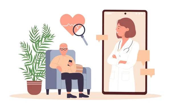 老年人的健康检查在网上，老人用手机应用程序去看医生 — 图库矢量图片