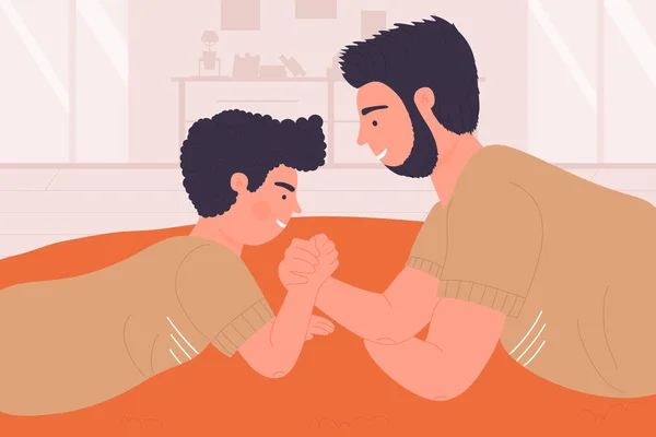Ojciec i syn grać na rękę wrestling power sport gra w domu, szczęśliwy czas zabawy rodziny — Wektor stockowy