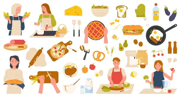 Főzés élelmiszer otthon beállított személyek kezében kenyér, zöldségek főzni egészséges ételeket — Stock Vector