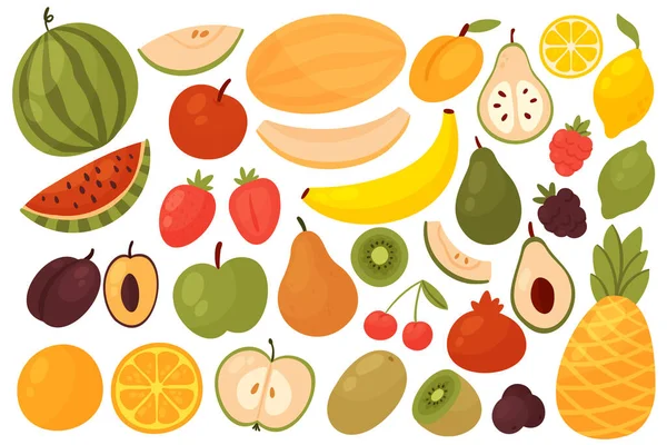 Bogyó és gyümölcs készlet, narancs görögdinnye alma szilva eper kivi körte banán avokádó — Stock Vector