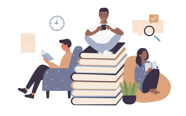 Mensen lezen papieren boeken uit de bibliotheek, boekhandel, tijd om te studeren, kennis zelfstudie — Stockvector