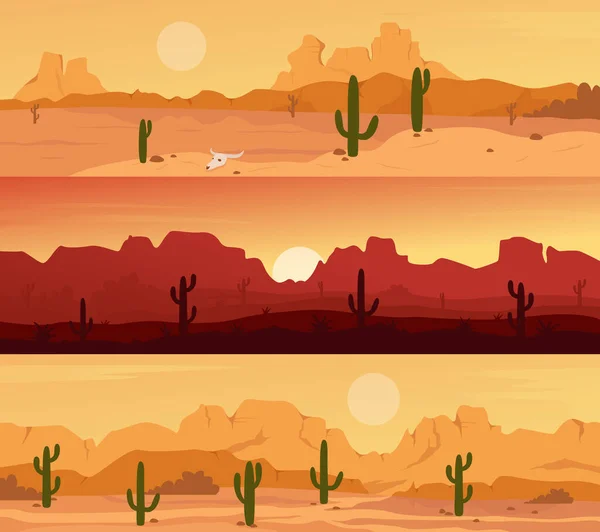 Пустельна пейзажна сцена з кактусами на заході сонця, гірська дика панорама природні пейзажі — стоковий вектор