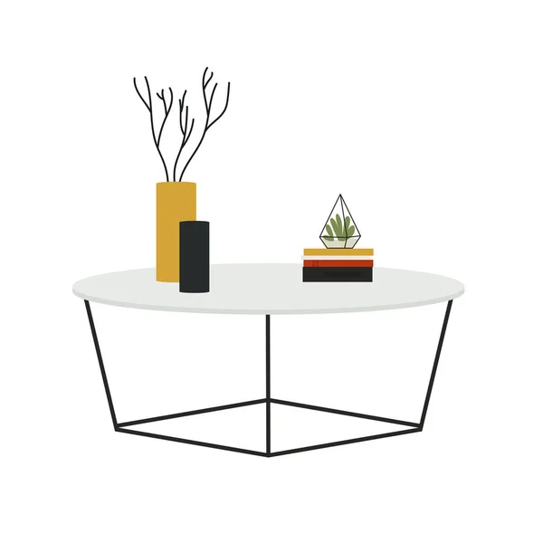 Mesa redonda moderna com vasos e vasos de flores para mobiliário de escritório ou apartamento em casa — Vetor de Stock