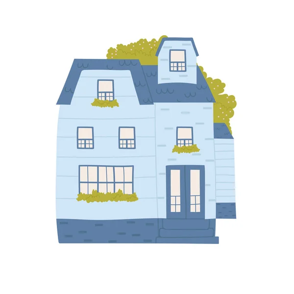 Casa azul bonito, casa na aldeia ou cidade, casa de verão engraçado casa com plantas verdes —  Vetores de Stock