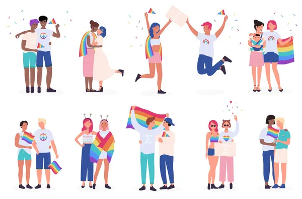 Coppia Lgbt, allegro set familiare, gruppo di persone omosessuali in piedi con bandiera arcobaleno — Vettoriale Stock