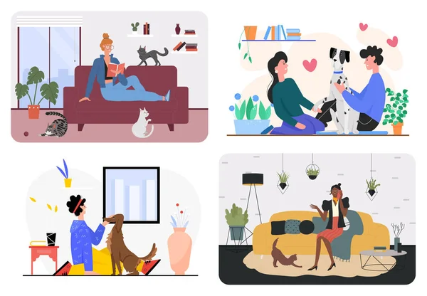 Lidé tráví čas s domácími mazlíčky, dívka čte knihu s kočkami, pár objímající pes — Stockový vektor